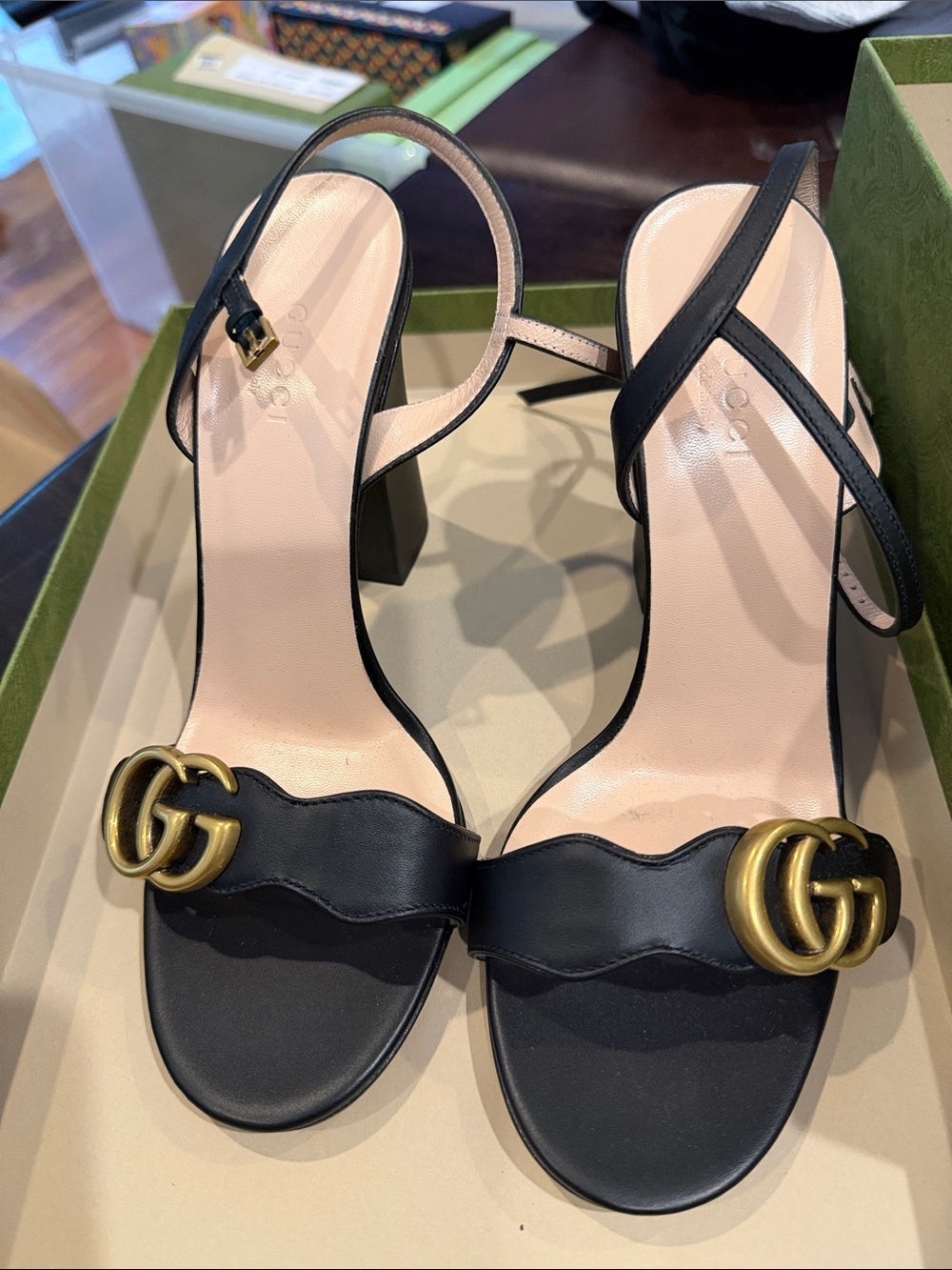Gucci Black Leather Gold GG Block Heel Slingbacks